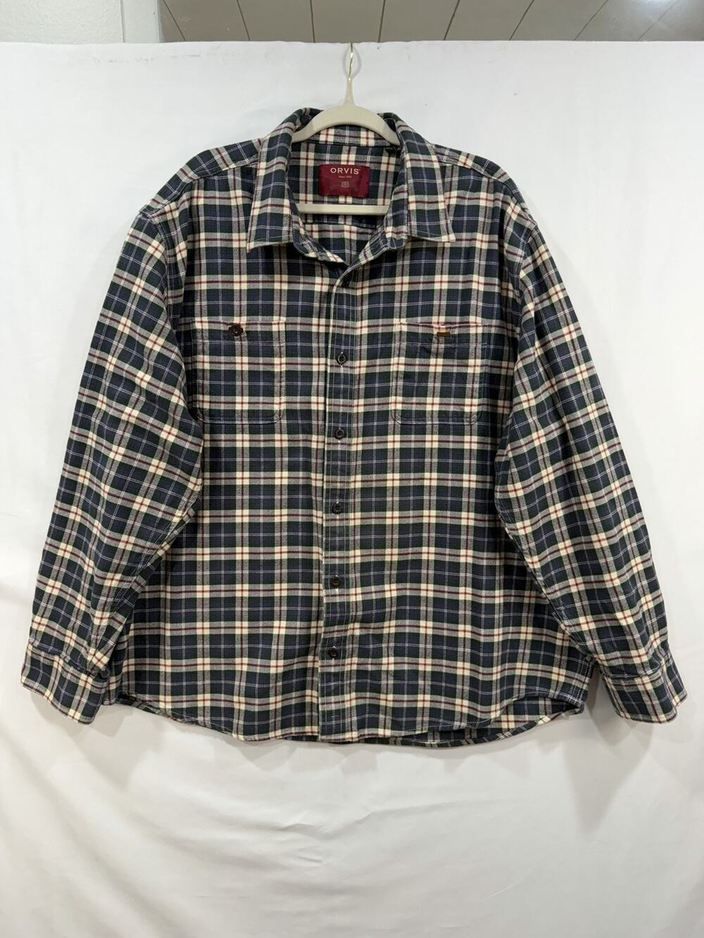 Orvis Shirt Mens XXL Orange Blue Check Heavy Cotton Flannel Outdoors Gorpcore